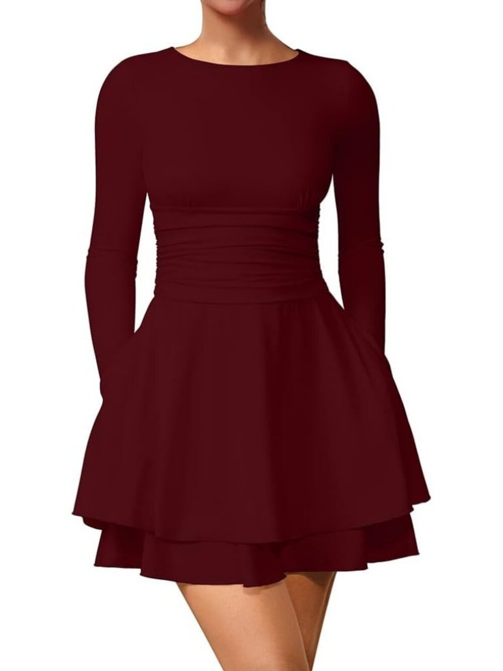 Women's Mini Dress Winered Polyster Crew Neck Long Sleeve Bodycon Pull Over